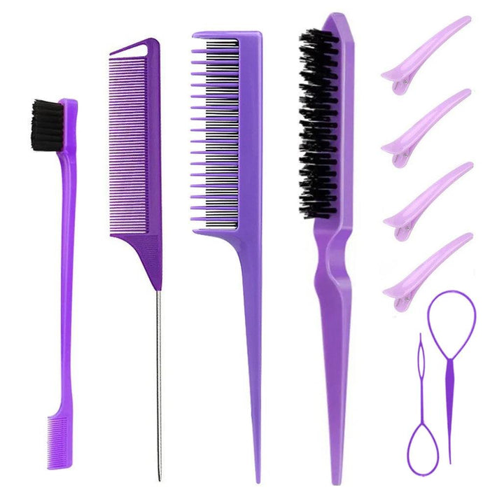 Set of purple hair styling tools including a small brush, a fine-tooth comb, a wide-tooth comb, a multi-tooth hairbrush, hair clips, and loop tools.