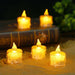 LED tea light candles designed to mimic the appearance of real candles with melted wax drips. The candles emit a warm yellow light and are arranged on a book, creating a vintage and intimate ambiance.