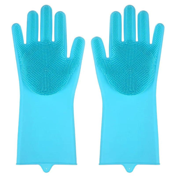 A pair of blue silicone cleaning gloves with rubber bristles on the palms and fingers, displayed against a white background.