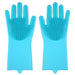 A pair of blue silicone cleaning gloves with rubber bristles on the palms and fingers, displayed against a white background.