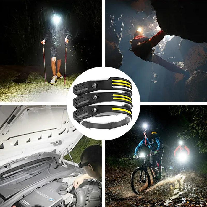 This collage showcases the headlamp in various real-life scenarios. The central image shows the headlamp itself, while surrounding images depict its use during night hiking, biking, caving, and working on a car engine.