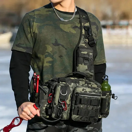 A person wearing the sling bag, demonstrating how it is worn and used in a real-world setting. The bag is shown fitting snugly across the body, allowing easy movement while keeping gear secure and accessible.