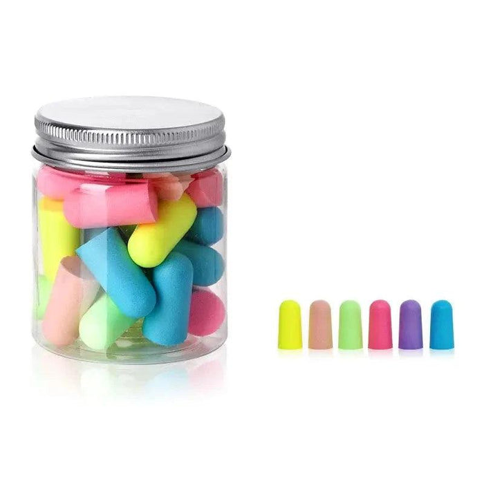 A small jar filled with Mixed-color earplugs. With 6 colorful earplugs beside it.