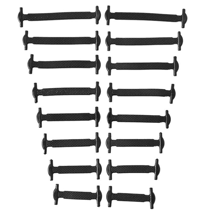 Sixteen silicone shoelaces in different sizes and black color, neatly organized in pairs on a white background.