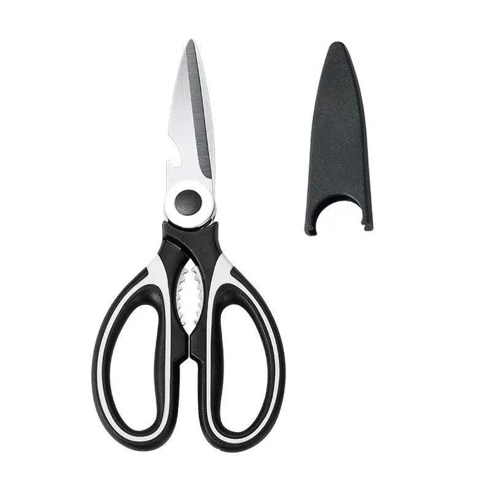 Image of black and white multi-purpose kitchen scissors with a protective sheath.