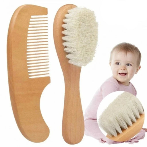 A wooden baby hairbrush with soft bristles next to a wooden comb, with a baby sitting nearby and a close-up inset of the brush's bristles.