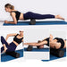 A woman in different positions using a black foam roller on a yoga mat for stretching exercises.