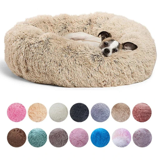 a small dog resting in a beige, fluffy, donut-shaped dog bed, with various color options displayed below, emphasizing the bed's coziness and variety.