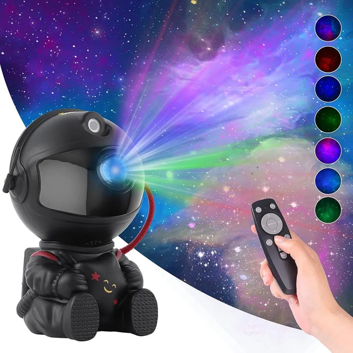 Black astronaut LED projector with a remote control, projecting a colorful nebula onto a cosmic background, showcasing various color options.