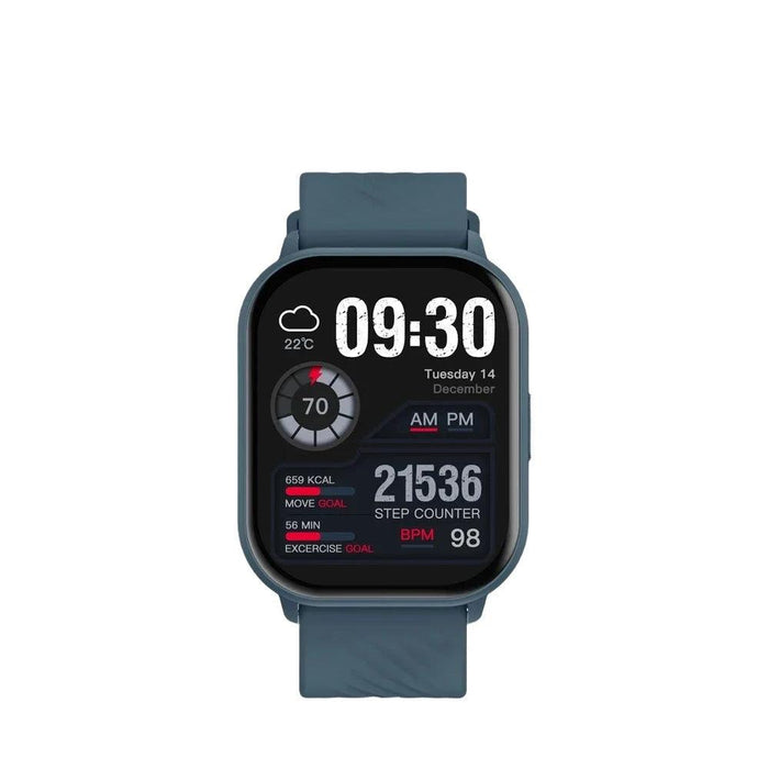 smartwatch, highlighting its rectangular shape, dark blue strap, and multifunctional display, combining both analog and digital elements.