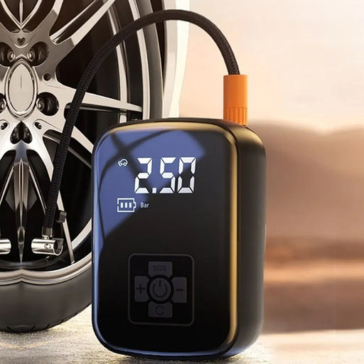 Digital tire inflator is shown in use, connected to a car tire. The display shows a pressure reading of 2.50 Bar. The inflator has a sleek, black design with a clear digital display.