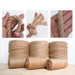 Various types of natural jute twine and rope. The image showcases close-ups of the twine, emphasizing its texture and flexibility. The spools vary in thickness, suitable for different uses such as crafting, gardening, and packaging. The top row displays different ways the twine can be manipulated, including being tied into knots.