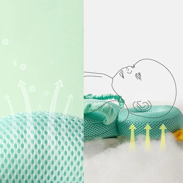 A close-up view of the breathable material used in the baby head protector, showing the airflow and comfort it provides for the baby's head.