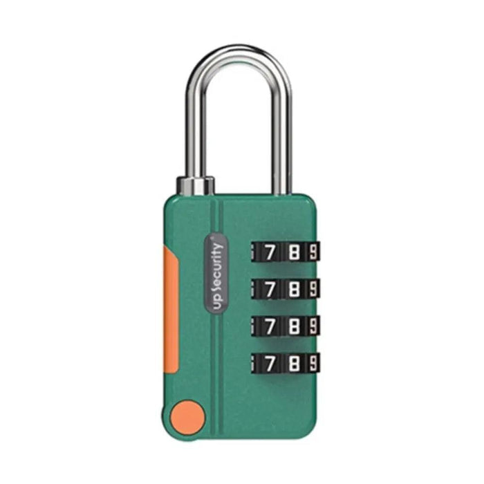 A green combination padlock with a metal shackle, four dials set to "7-8-9", and orange accents.