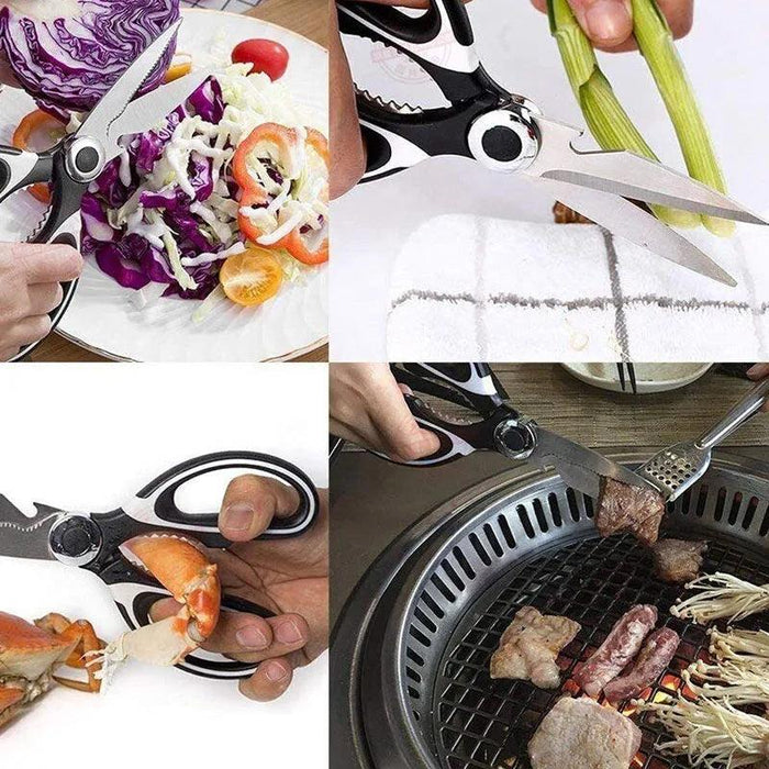 Image showing multi-purpose kitchen scissors cutting purple cabbage and other vegetables on a plate.