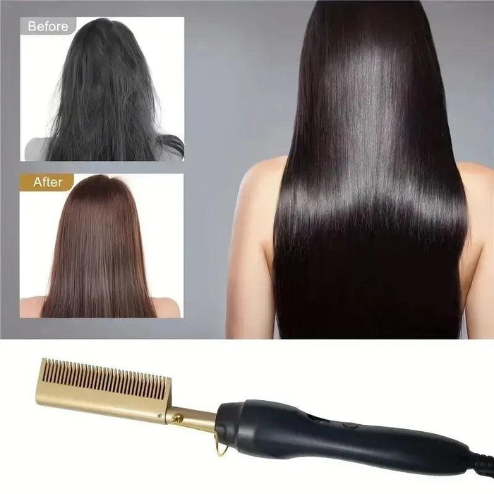 A before-and-after comparison showing frizzy hair transformed into sleek, straight hair using the electric hair straightening comb.