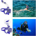 A blue snorkeling mask with an attached snorkel is shown. The snorkel has a top valve to prevent water from entering. The mask is designed for comfortable underwater exploration.