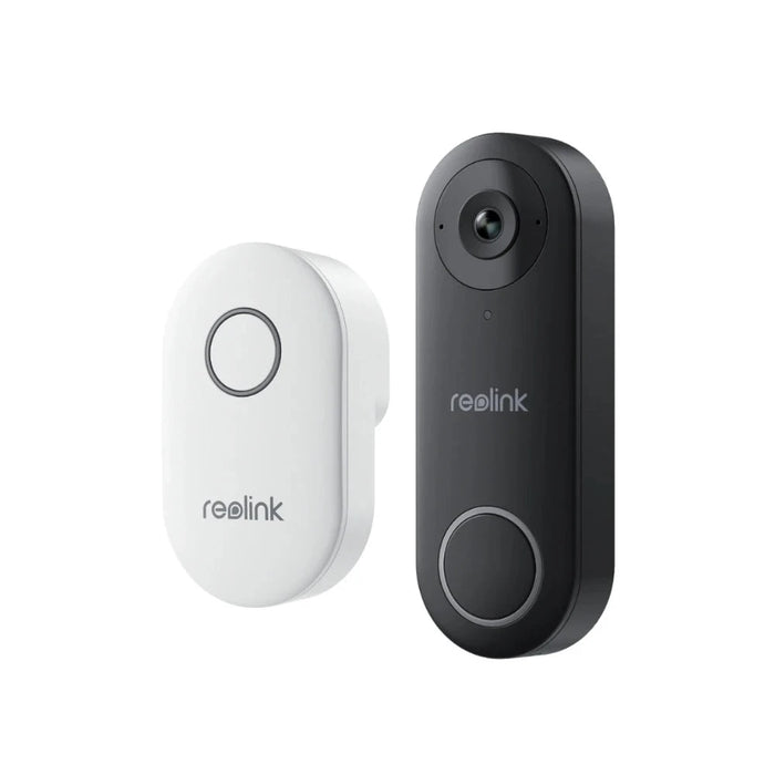 Reolink black doorbell and white chime model display on white background.