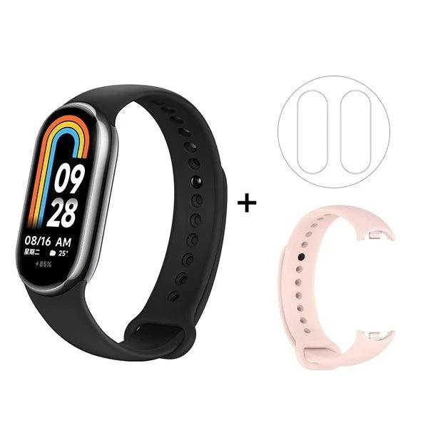 Smartwatch with black band and pink replacement band.