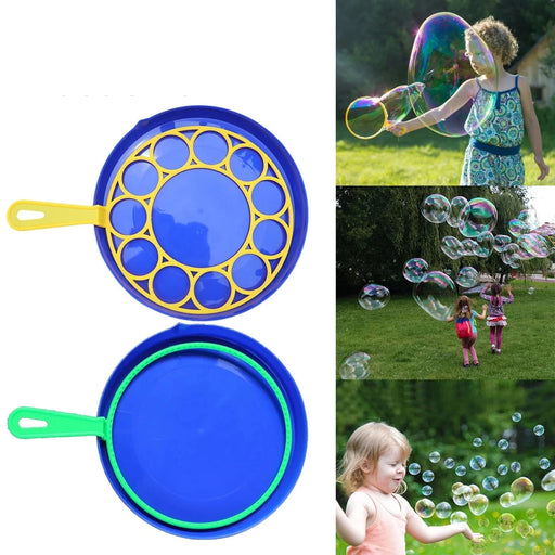 Two blue bubble solution trays with green and yellow bubble wands, alongside a collage of children playing with bubbles outdoors, with large and small bubbles floating around them.