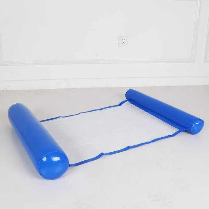 Inflatable blue pool float with white mesh laid out on the floor.