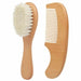 A wooden baby hairbrush with soft bristles next to a wooden comb.