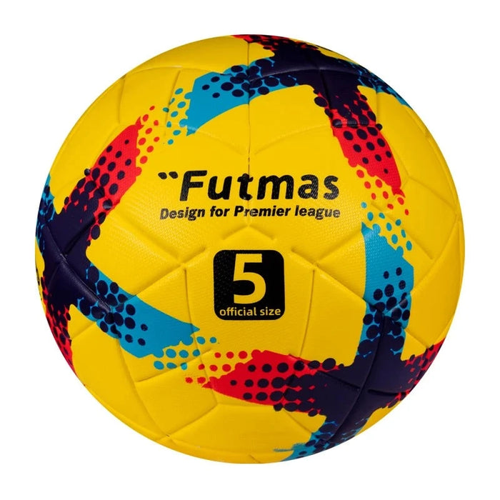 Yellow Futmas soccer ball with red, blue, and black patterns.