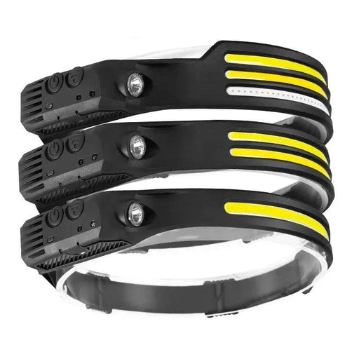 three identical headlamps stacked together. Each headlamp has different number of yellow LED strips (1,2,3) and the same side buttons and focused light, illustrating the product's consistency in design and functionality.