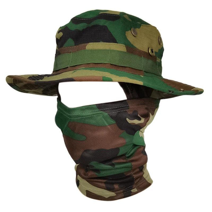 Green camo hat with matching face cover.