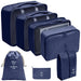 Navy blue travel organizer set featuring three mesh packing cubes, a drawstring bag, a toiletry bag, and a small pouch, all coordinated with the inspirational message 'WISH U HAVE A COLORFUL LIFE'. Ideal for systematic packing and organization. Display on white background.