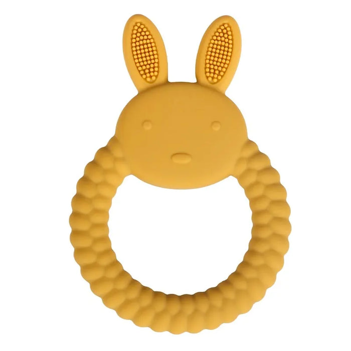 A yellow silicone teether shaped like a bunny with textured ears and a round handle.