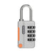 A silver combination padlock with four dials set to "7-8-9", and orange accents.