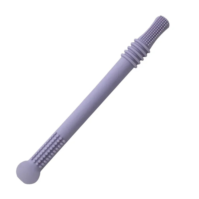 A single purple silicone teething stick with textured ends and a rounded grip.