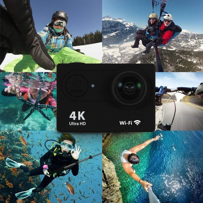 A 4K Ultra HD action camera displayed with multiple adventure shots, including skiing, paragliding, underwater diving, and cycling, highlighting its versatile use.