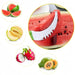 An infographic demonstrating the versatility of the watermelon slicer, showing it can also be used for other fruits like cantaloupe, dragon fruit, and papaya. The main focus is a close-up of the slicer cutting through a watermelon.