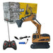 Yellow toy excavator with remote control and packaging box included.