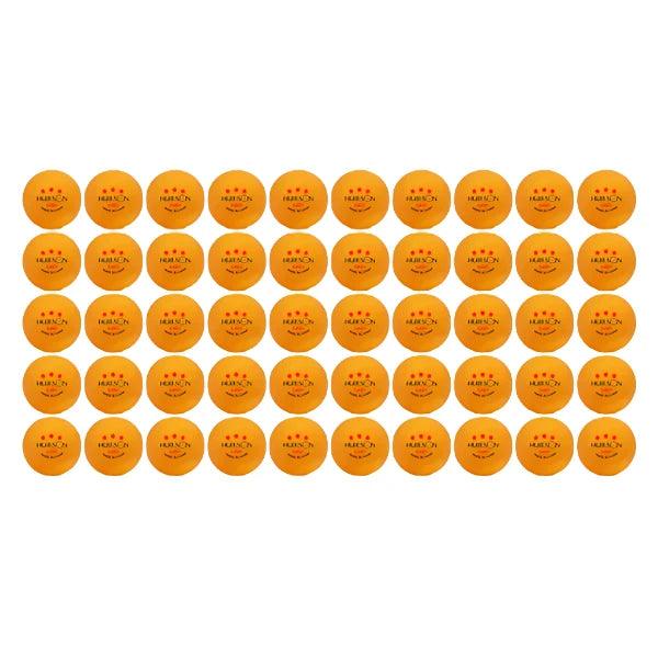 Fifty orange Huieson G40+ table tennis balls arranged in a grid, each with three red stars and "Made in China" text.