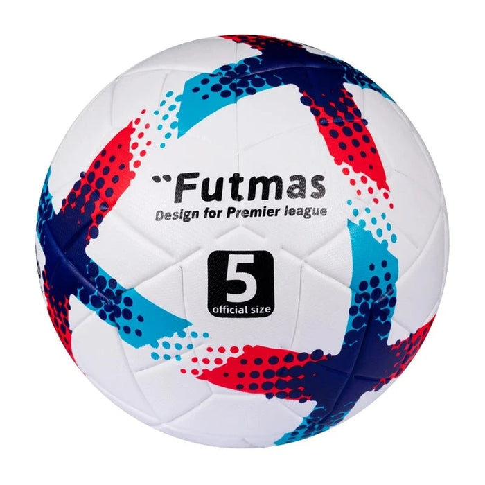 White Futmas soccer ball with red, blue, and black patterns.