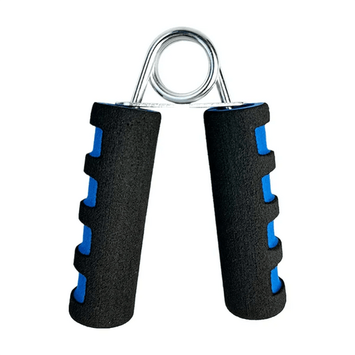 A black and blue foam hand grip strengthener with a metal spring on a white background.