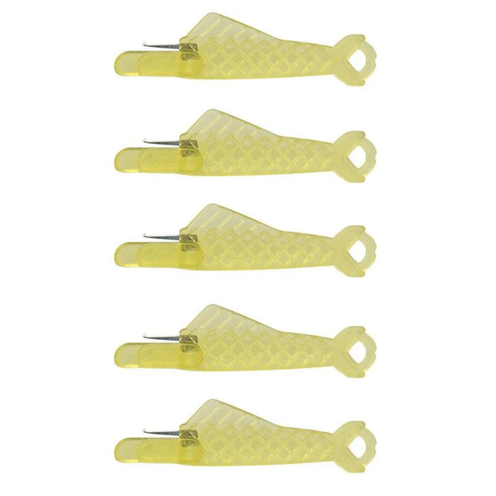 five Fish Mouth Sewing Machine Needle Threaders in yellow.