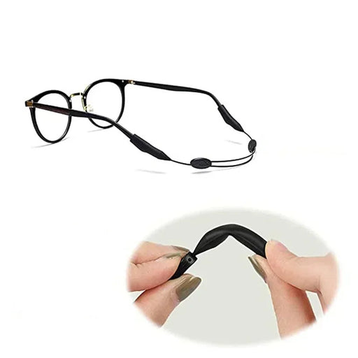 a pair of black-rimmed glasses with the eyeglasses strap attached. An inset close-up image highlights the flexible cylindrical end of the strap being held between fingers.