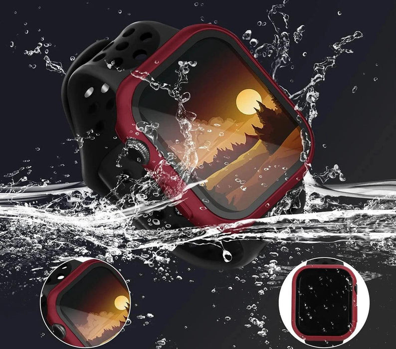 A smartwatch with a black strap and red protective case is shown being splashed by water, highlighting its water resistance. The watch face displays a sunset illustration, and two insets provide close-up views of the smartwatch.