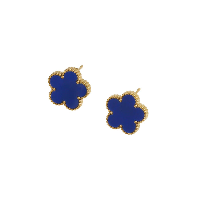 A gold earrings designed with a flower-shaped pendant with a blue center.