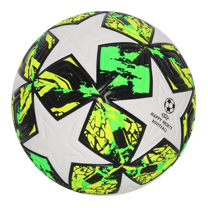 White soccer ball with green and black star pattern.