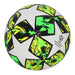 White soccer ball with green and black star pattern.