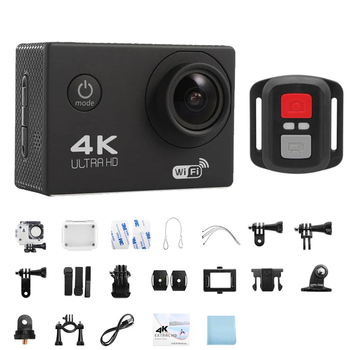 A black 4K Ultra HD action camera shown with a remote control and various accessories for mounting and protection.