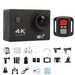 A black 4K Ultra HD action camera shown with a remote control and various accessories for mounting and protection.