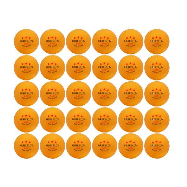 Thirty orange Huieson G40+ table tennis balls arranged in a grid, each with three red stars and "Made in China" text.