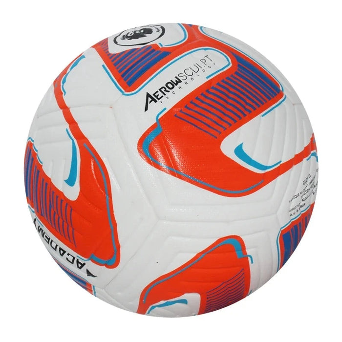 White soccer ball with orange and blue abstract pattern.