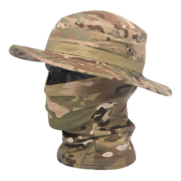 Greenish-tan camo hat with matching face cover (close-up view).